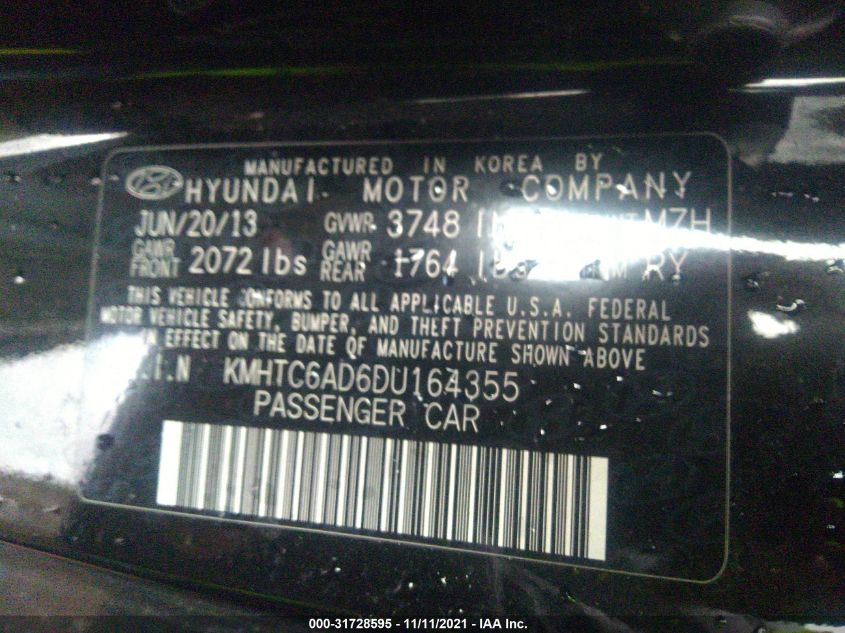 2013 HYUNDAI VELOSTER W/BLACK INT KMHTC6AD6DU164355