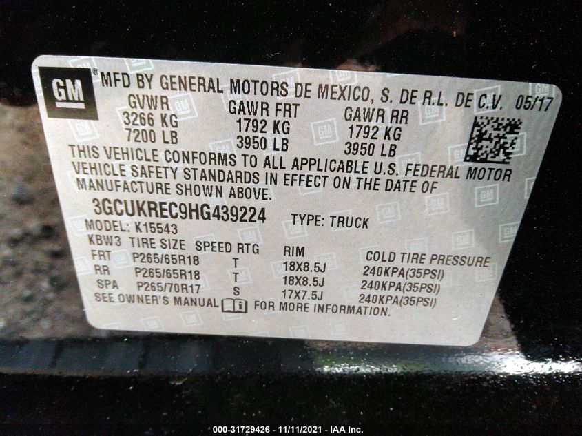2017 CHEVROLET SILVERADO 1500 LT 3GCUKREC9HG439224