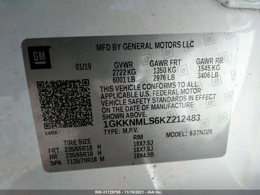 2019 GMC ACADIA SLT 1GKKNMLS6KZ212483
