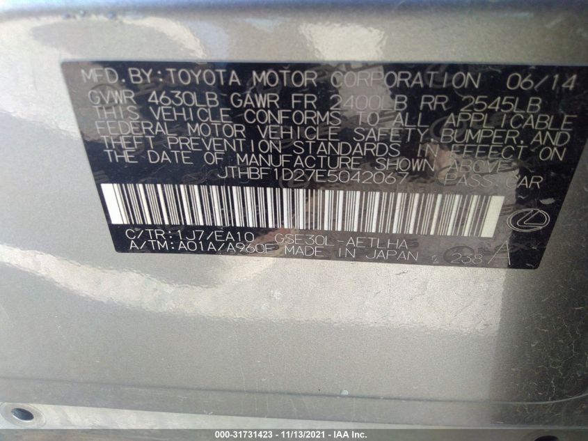 2014 LEXUS IS 250 JTHBF1D27E5042067