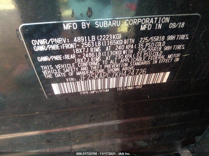 2019 SUBARU FORESTER SPORT JF2SKAPC7KH424726