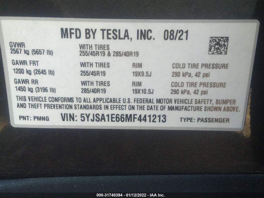 2021 TESLA MODEL S PLAID 5YJSA1E66MF441213