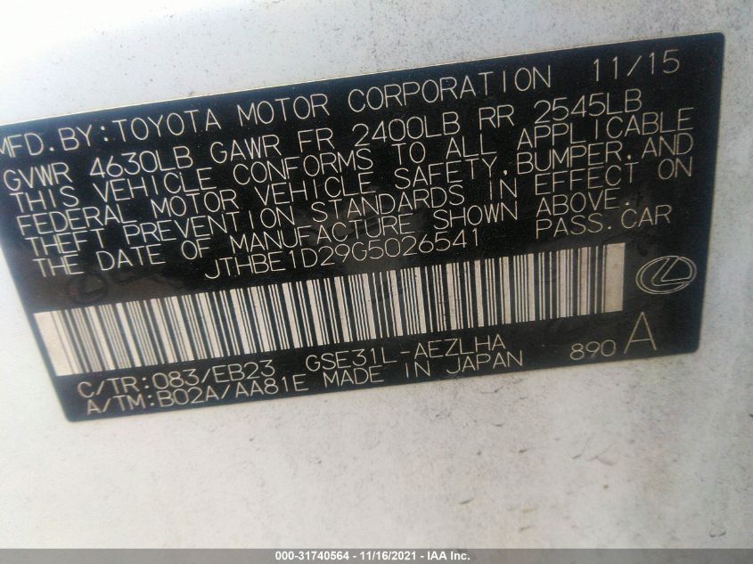 2016 LEXUS IS 350 JTHBE1D29G5026541