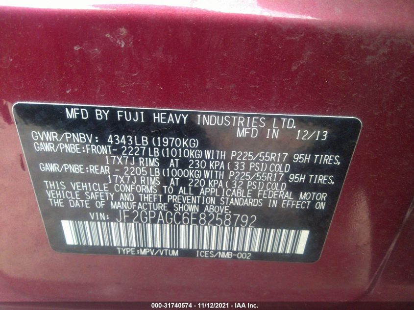 2014 SUBARU XV CROSSTREK LIMITED JF2GPAGC6E8258792