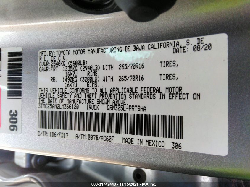 2020 TOYOTA TACOMA 4WD SR5/TRD SPORT 3TMCZ5AN2LM366120