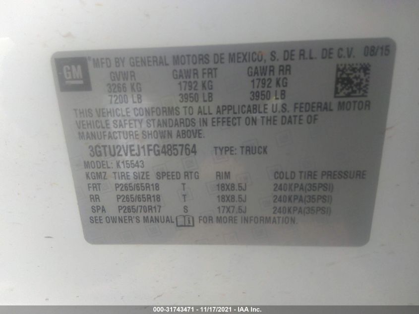 2015 GMC SIERRA 1500 SLT 3GTU2VEJ1FG485764