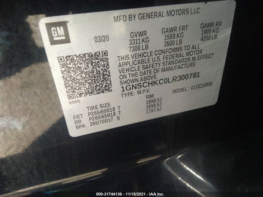 2020 CHEVROLET SUBURBAN LT 1GNSCHKC0LR300781