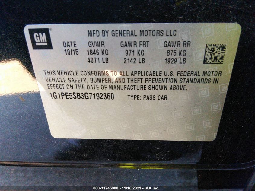 2016 CHEVROLET CRUZE LIMITED LT 1G1PE5SB3G7192360