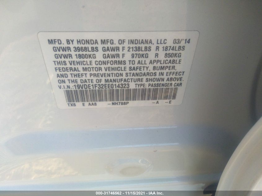 2014 ACURA ILX 19VDE1F32EE014323
