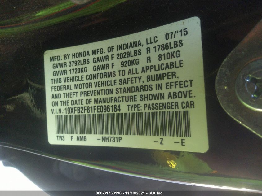 2015 HONDA CIVIC SEDAN EX 19XFB2F81FE096184
