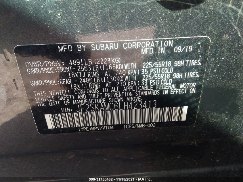 2020 SUBARU FORESTER SPORT JF2SKAMC6LH423413