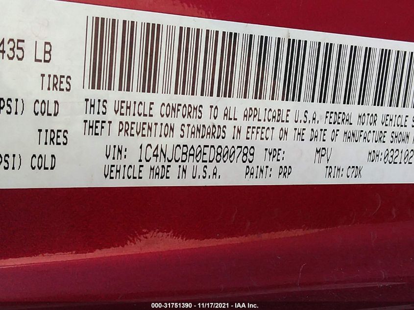 2014 JEEP COMPASS SPORT 1C4NJCBA0ED800789