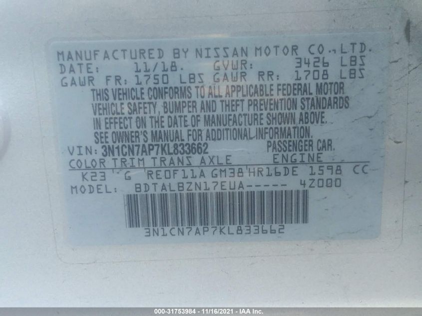 2019 NISSAN VERSA SEDAN SV 3N1CN7AP7KL833662