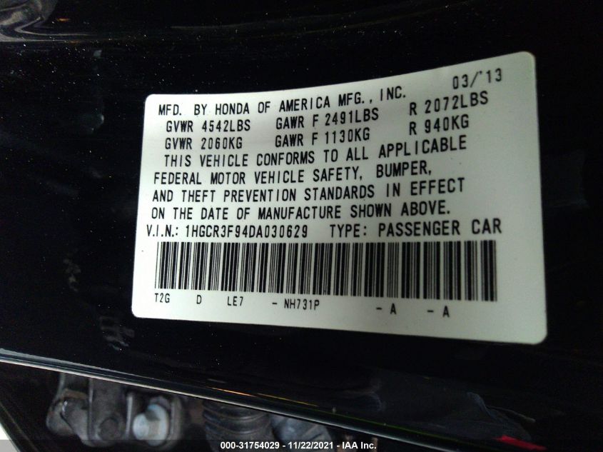 2013 HONDA ACCORD SDN TOURING 1HGCR3F94DA030629