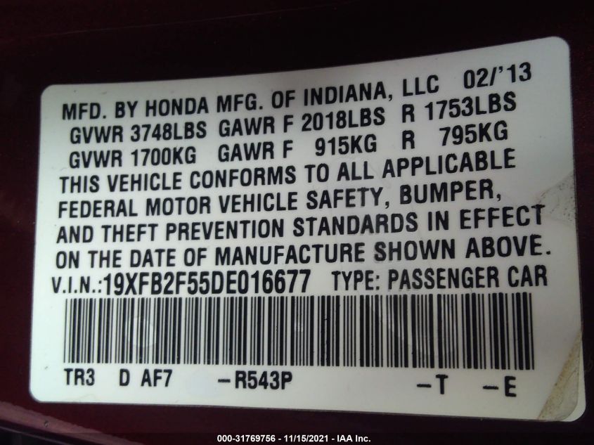 2013 HONDA CIVIC SDN LX 19XFB2F55DE016677