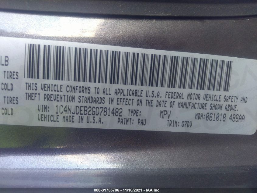 2016 JEEP COMPASS LATITUDE 1C4NJDEB2GD781482