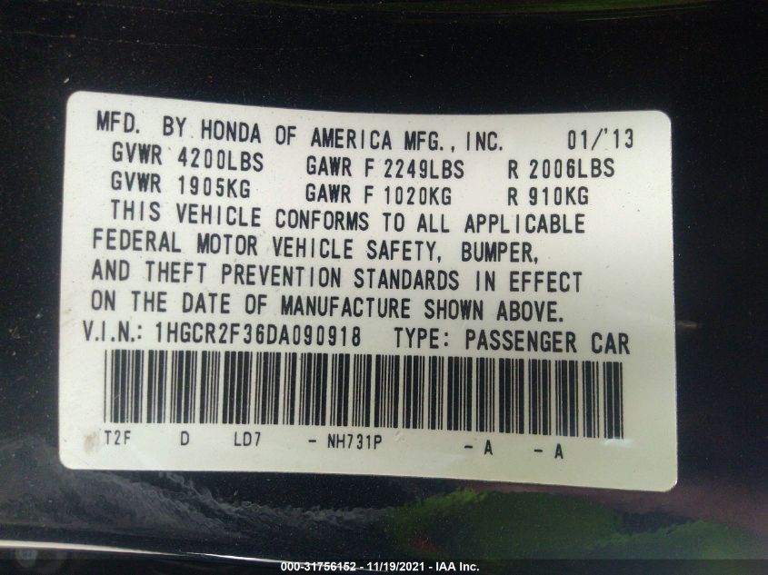 2013 HONDA ACCORD LX - 1HGCR2F36DA090918
