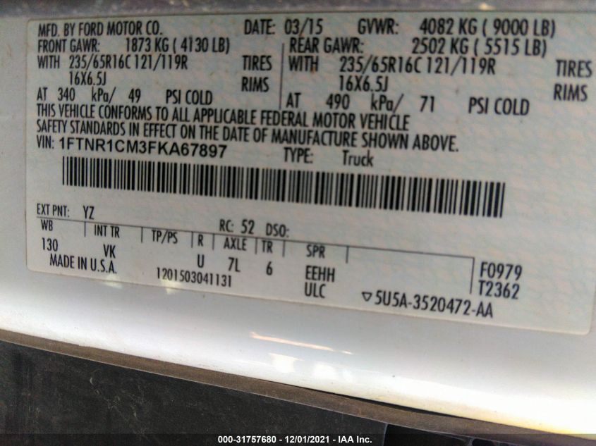 2015 FORD TRANSIT CARGO VAN 1FTNR1CM3FKA67897