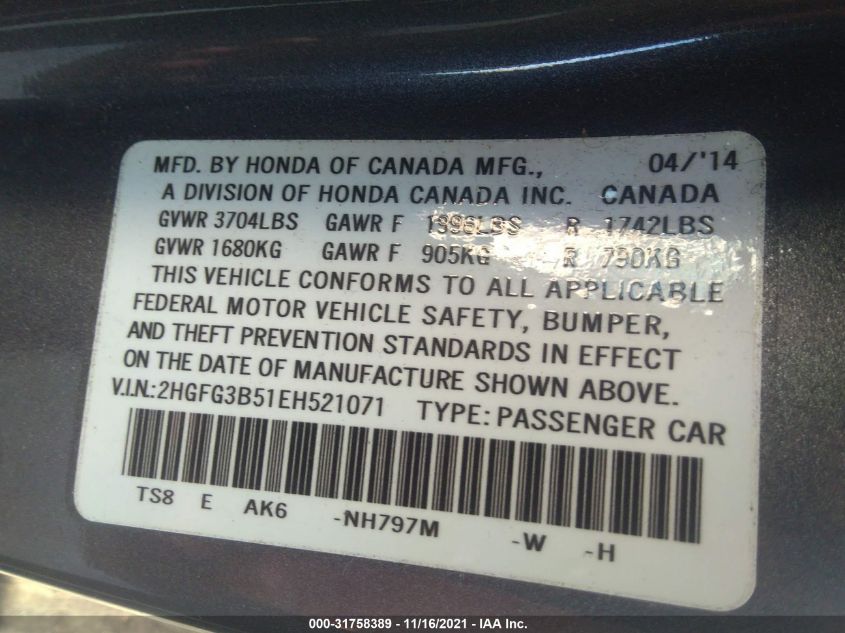 2014 HONDA CIVIC COUPE LX 2HGFG3B51EH521071