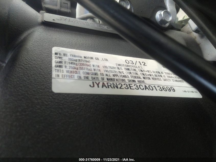 2012 YAMAHA YZFR1 JYARN23E3CA013699