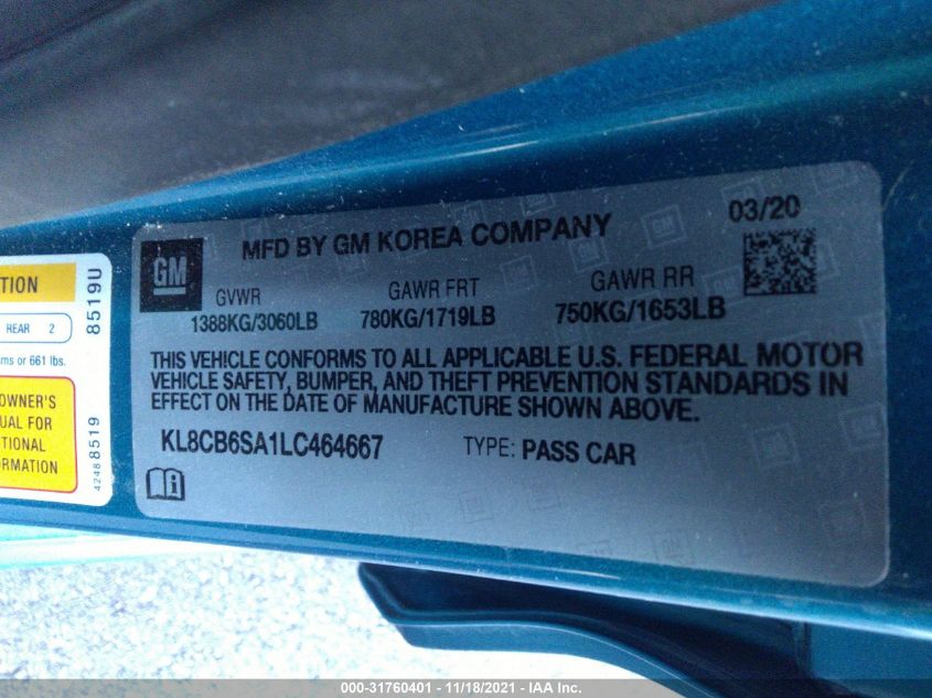 2020 CHEVROLET SPARK LS KL8CB6SA1LC464667