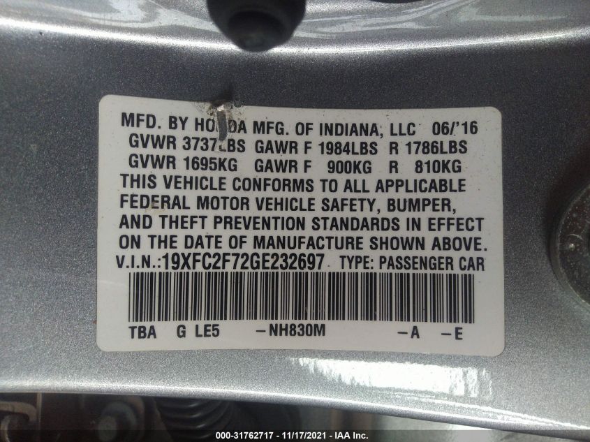 2016 HONDA CIVIC SEDAN EX 19XFC2F72GE232697