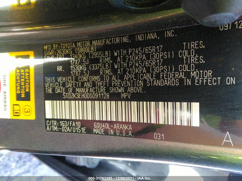 2013 TOYOTA HIGHLANDER 5TDZK3EH0DS091128