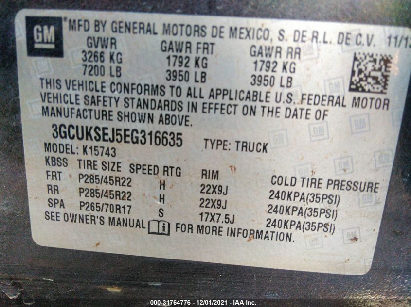 2014 CHEVROLET SILVERADO 1500 LTZ 3GCUKSEJ5EG316635