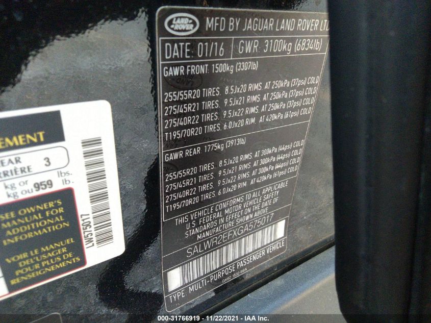 2016 LAND ROVER RANGE ROVER SPORT V8 SALWR2EFXGA575017