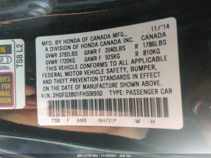 2015 HONDA CIVIC COUPE EX-L 2HGFG3B01FH506950