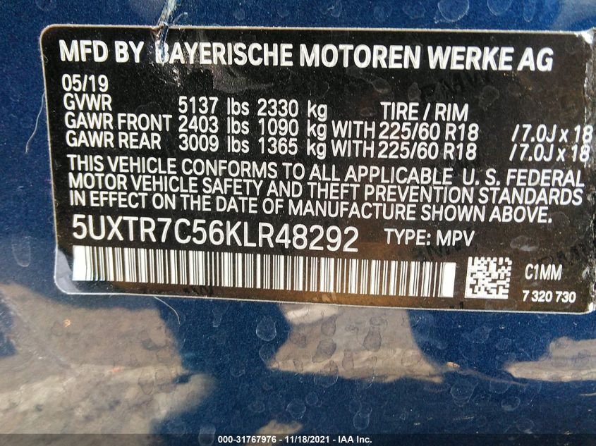 2019 BMW X3 SDRIVE30I 5UXTR7C56KLR48292