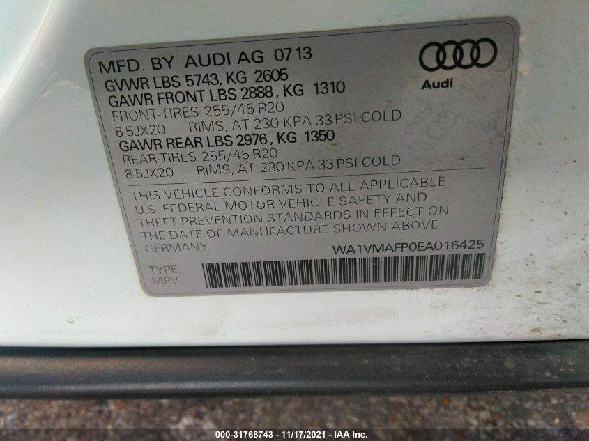2014 AUDI Q5 PRESTIGE WA1VMAFP0EA016425