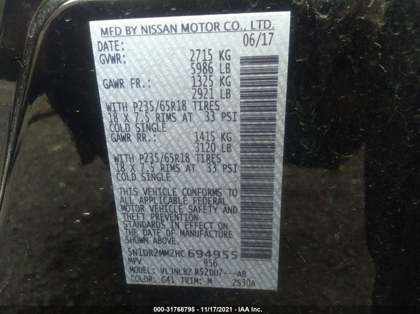 2017 NISSAN PATHFINDER S 5N1DR2MM2HC694955