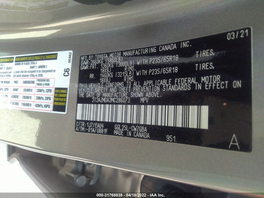 2021 LEXUS RX RX 350 2T2AZMDA2MC286073