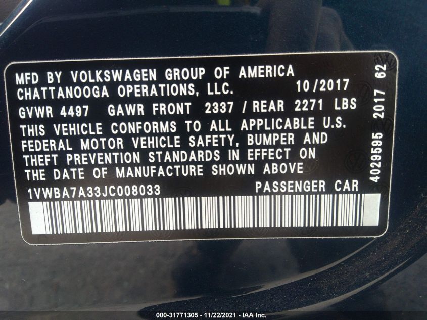 2018 VOLKSWAGEN PASSAT 2.0T SE 1VWBA7A33JC008033