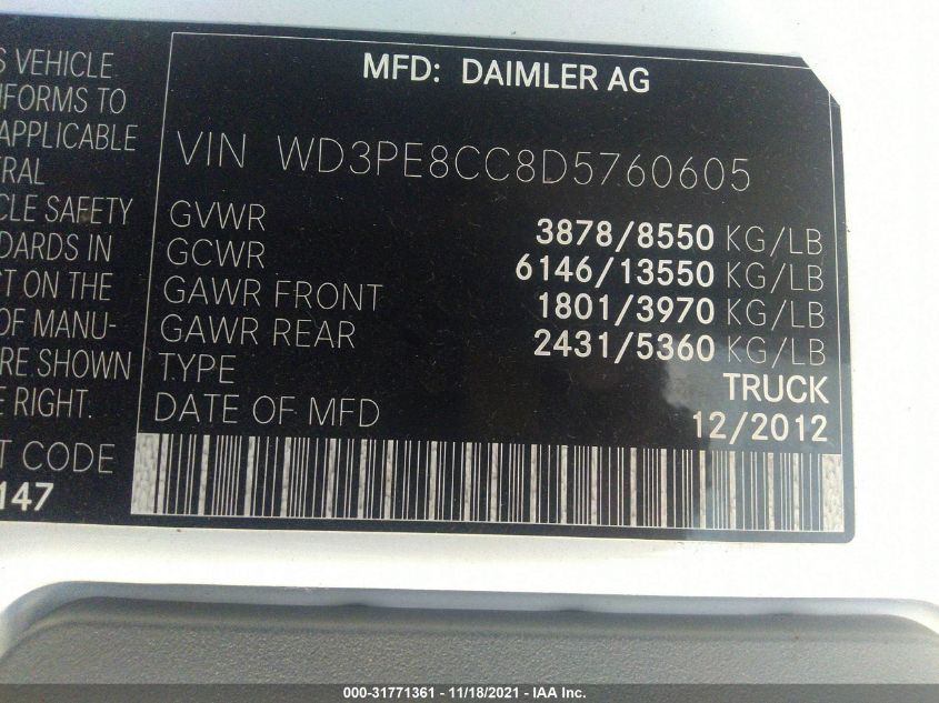 2013 MERCEDES-BENZ SPRINTER CARGO VANS WD3PE8CC8D5760605
