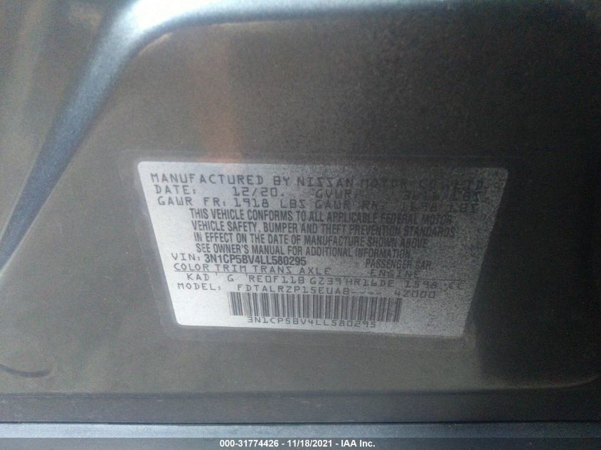 2020 NISSAN KICKS S 3N1CP5BV4LL580295