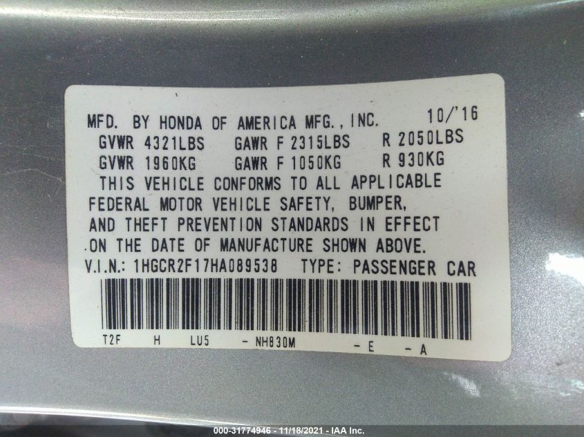 2017 HONDA ACCORD SEDAN SPORT SE 1HGCR2F17HA089538