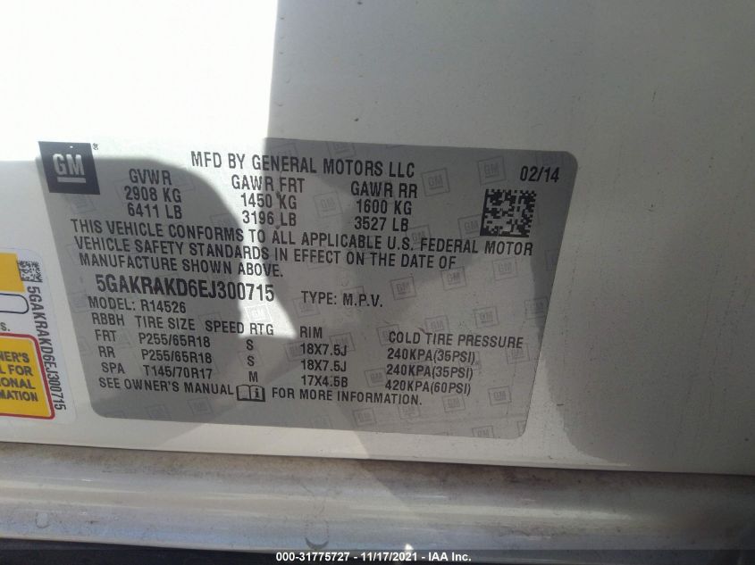 2014 BUICK ENCLAVE CONVENIENCE 5GAKRAKD6EJ300715