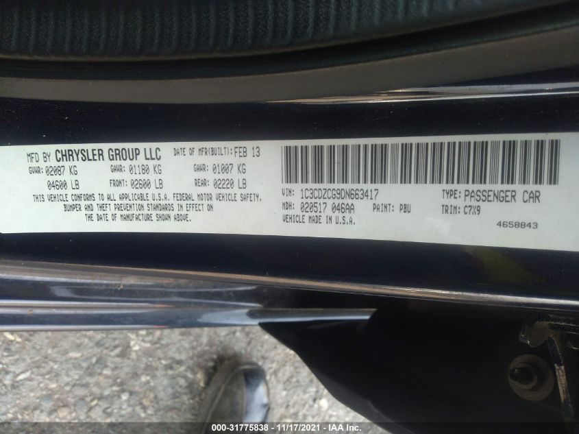 2013 DODGE AVENGER SXT 1C3CDZCG9DN663417