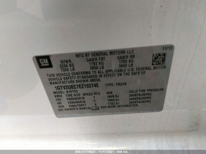 2014 GMC SIERRA 1500 SLE 1GTV2UEC7EZ193745