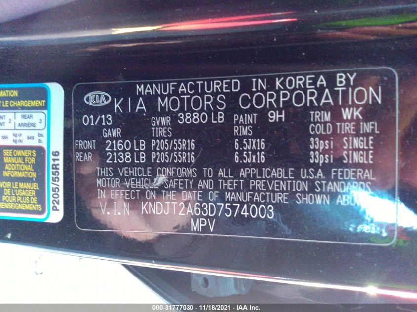 2013 KIA SOUL + KNDJT2A63D7574003