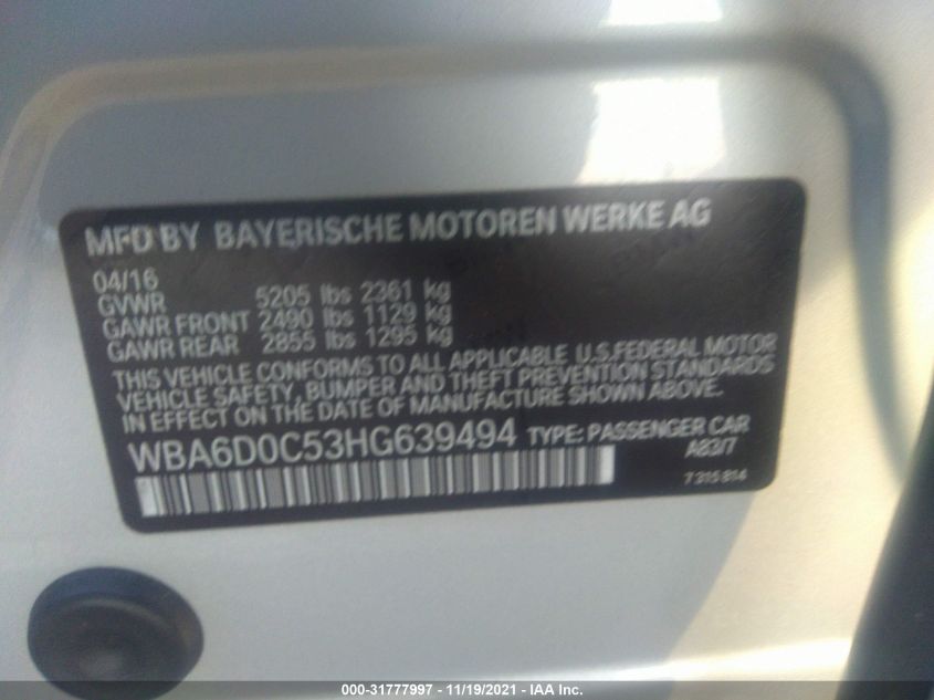 2017 BMW 6 SERIES 640I WBA6D0C53HG639494