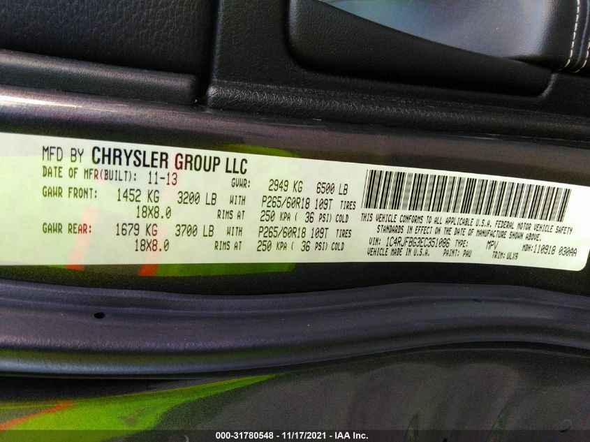2014 JEEP GRAND CHEROKEE LIMITED 1C4RJFBG3EC351086