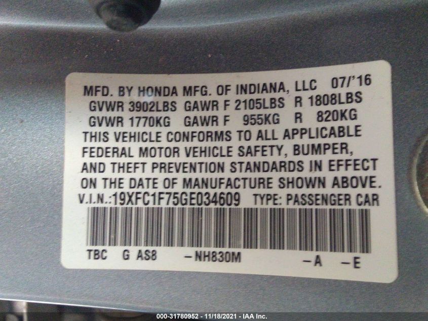 2016 HONDA CIVIC SEDAN EX-L 19XFC1F75GE034609