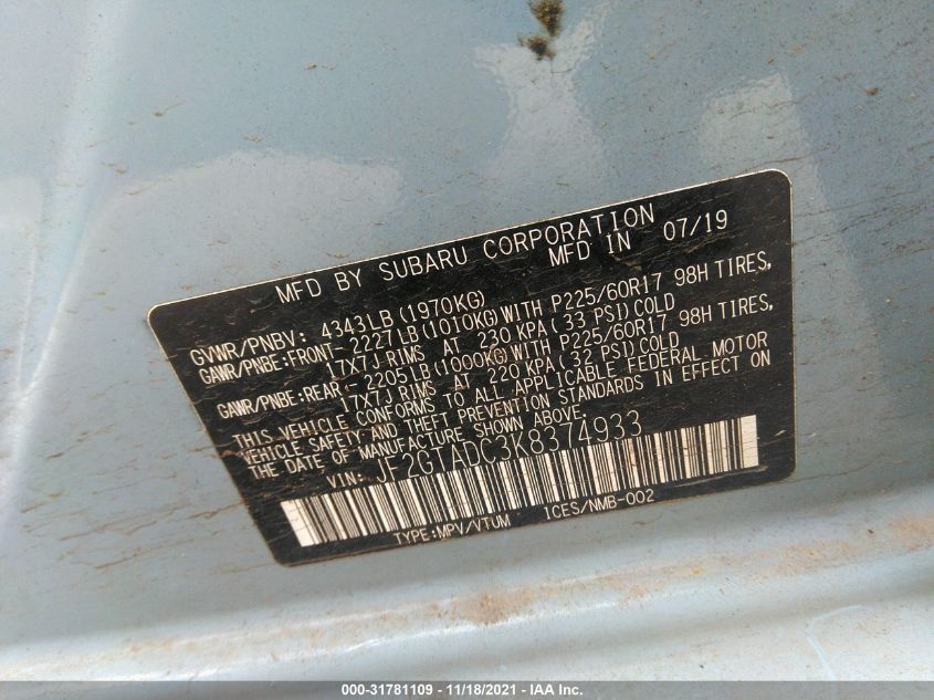 2019 SUBARU CROSSTREK PREMIUM JF2GTADC3K8374933