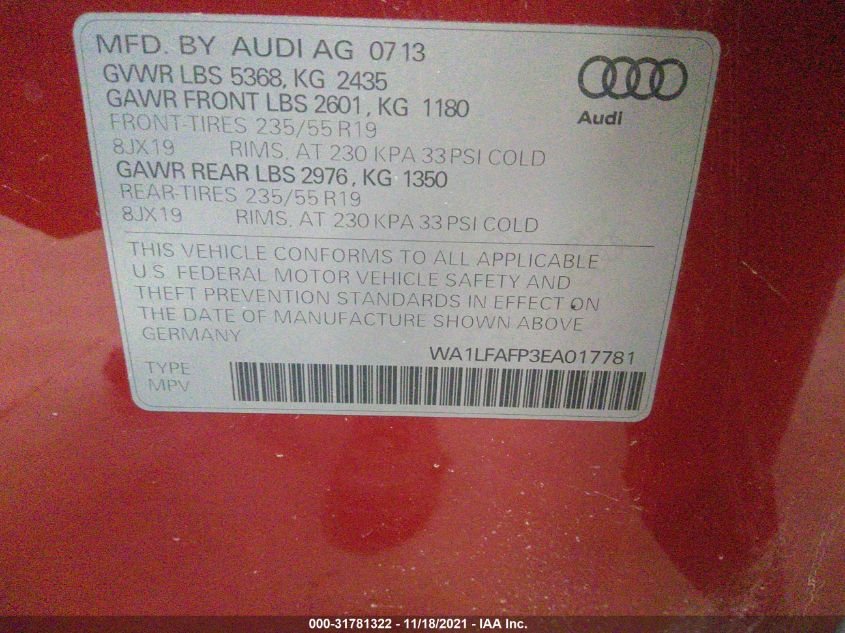 2014 AUDI Q5 PREMIUM PLUS WA1LFAFP3EA017781
