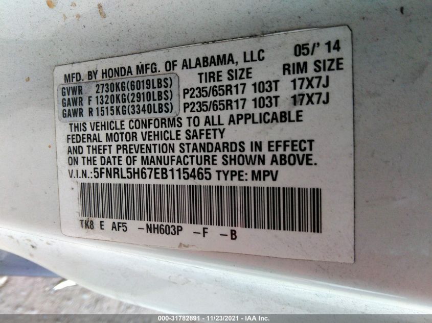 2014 HONDA ODYSSEY EX-L 5FNRL5H67EB115465