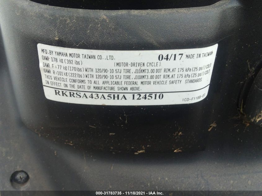 2017 YAMAHA YW50 F RKRSA43A5HA124510
