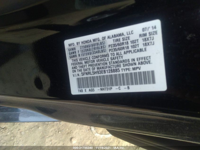 2014 HONDA ODYSSEY TOURING 5FNRL5H93EB128885